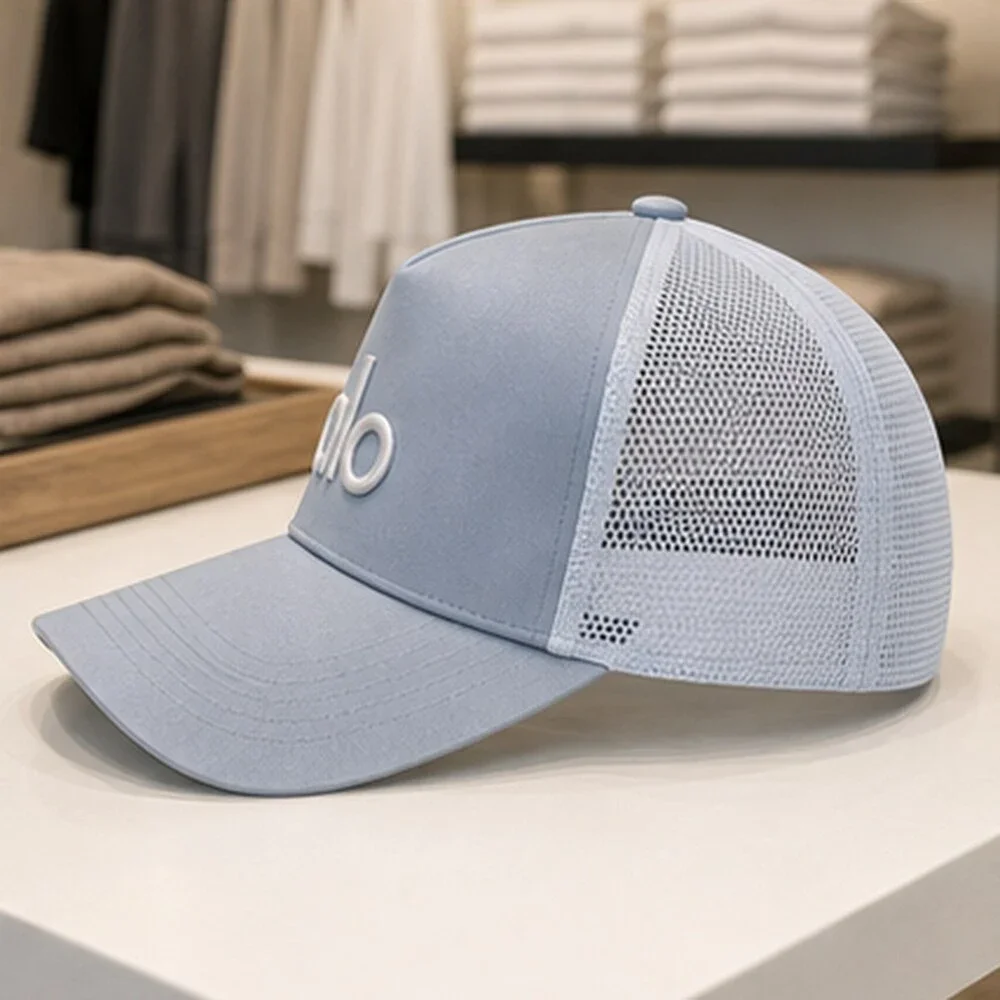ALO Yoga Mist Blue Gray Studio Mesh Trucker Cap Hat Sporty
